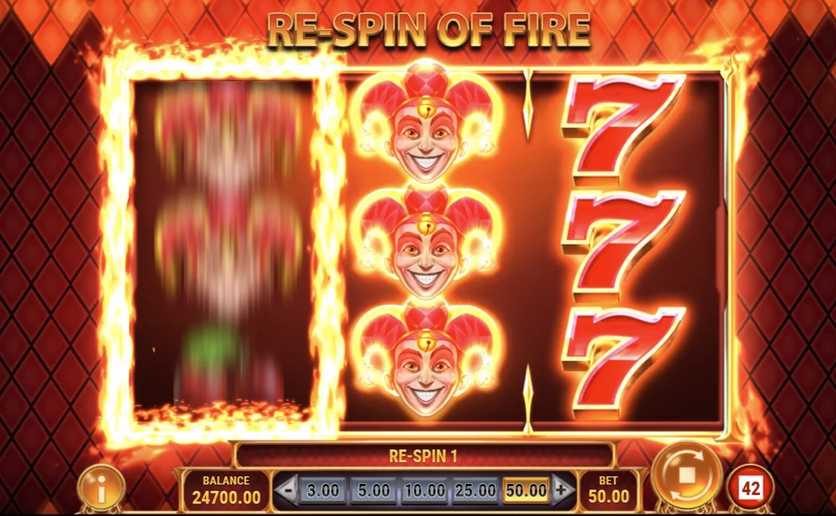 Fire Joker Freeze में ₹50 बेट पर stacked Jokers और sevens के साथ Re-Spin of Fire