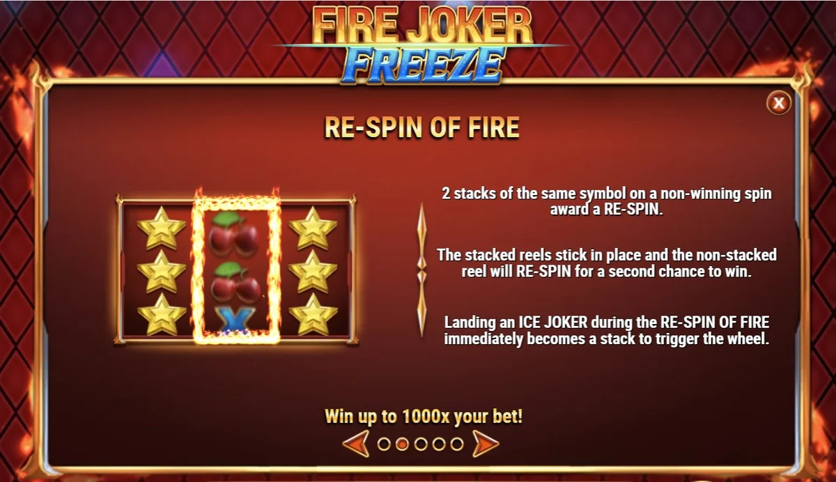 Re-Spin of Fire rules showing stacked reels hold while third respins